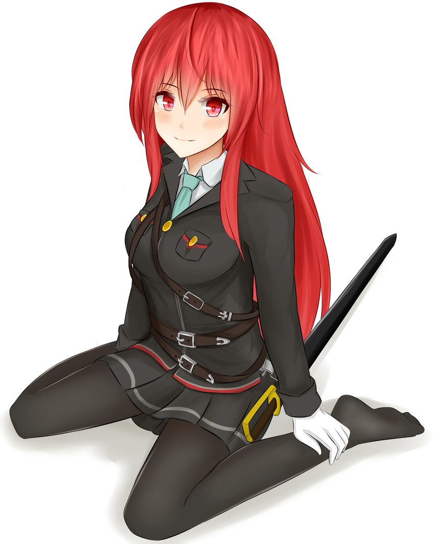 absurdres black_pantyhose black_skirt commentary_request female gloves green_necktie highres long_hair looking_at_viewer military military_uniform necktie pantyhose partial_commentary pleated_skirt red_eyes red_hair simple_background sitting skirt smile solo sword tenkyou_no_alderamin uniform wariza weapon white_background white_gloves yatorishino_xam zaijian_shi