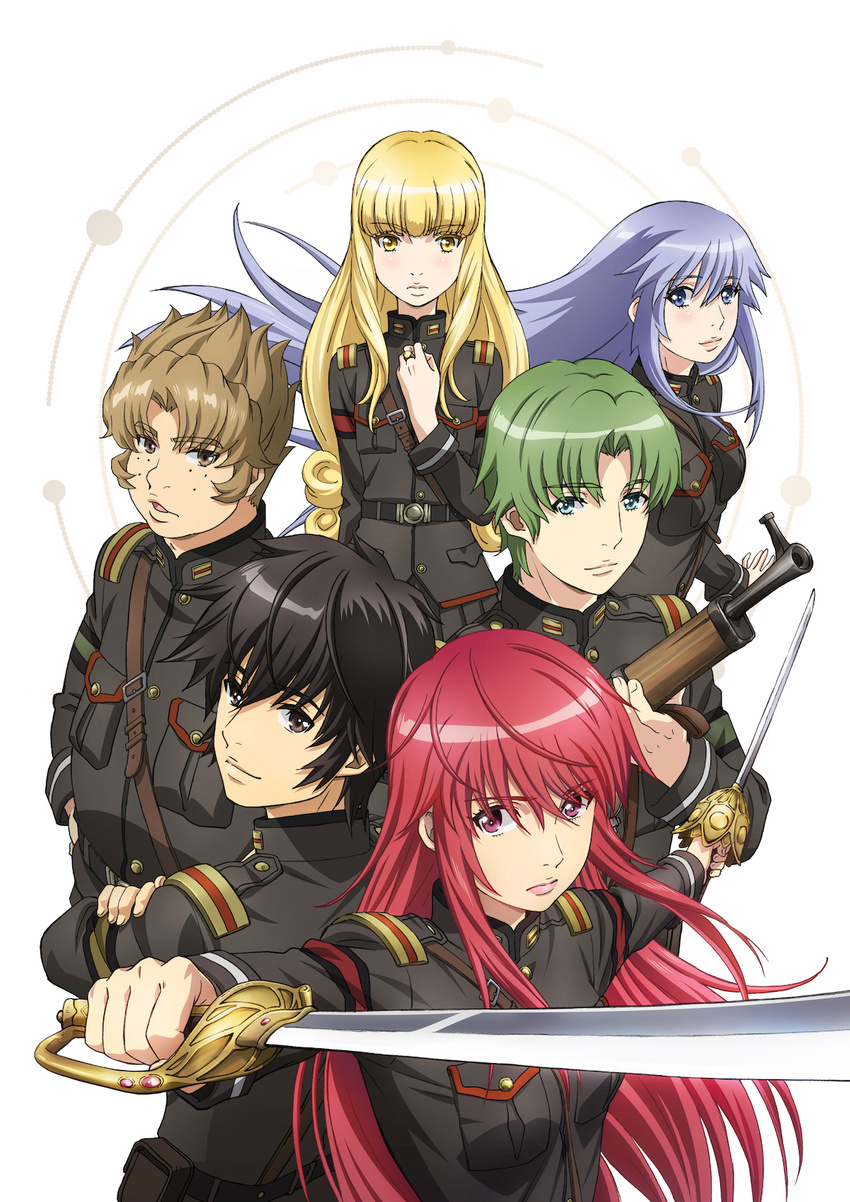 3boys 3girls black_eyes black_hair blonde_hair blue_eyes blue_hair brown_hair crossed_arms dual_wielding eyebrows from_above green_eyes green_hair gun hair_between_eyes hand_on_own_hip harouma_becker highres holding holding_gun holding_sword holding_weapon ikuta_sorouku jewelry key_visual long_hair looking_at_viewer matthew_tetojirichi military military_uniform multiple_boys multiple_girls official_art promotional_art red_eyes red_hair ring shamiyu_kitora_katovanmaninik smile sword tenkyou_no_alderamin torway_remion uniform weapon yatorishino_xam yellow_eyes