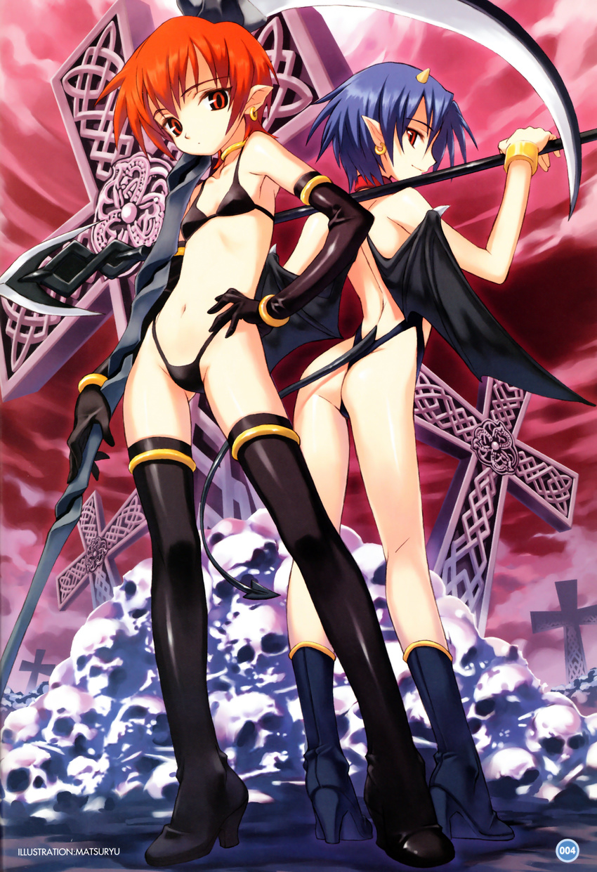 2girls absurdres armlet armpits artist_name ass back back-to-back bare_shoulders bikini black_bikini black_gloves black_legwear blue_hair boots bracelet cloud collar copyright_request cross demon_girl demon_tail demon_wings earrings elbow_gloves flat_chest gloves goth_fashion grave groin hair_between_eyes hand_on_own_hip high_heels highleg highleg_bikini highleg_swimsuit highres holding hoop_earrings horns jewelry kneepits light_smile long_legs looking_at_viewer looking_back matching_earrings matsuryuu multiple_girls navel neck_ring orange_hair outdoors over_shoulder petite photoshop_(medium) pile_of_skulls pointy_ears polearm red_eyes scan scythe shoes short_hair skull sky slit_pupils smile spear standing string_bikini swimsuit tail thigh_boots thighhighs thighlet thong_bikini weapon weapon_over_shoulder wings