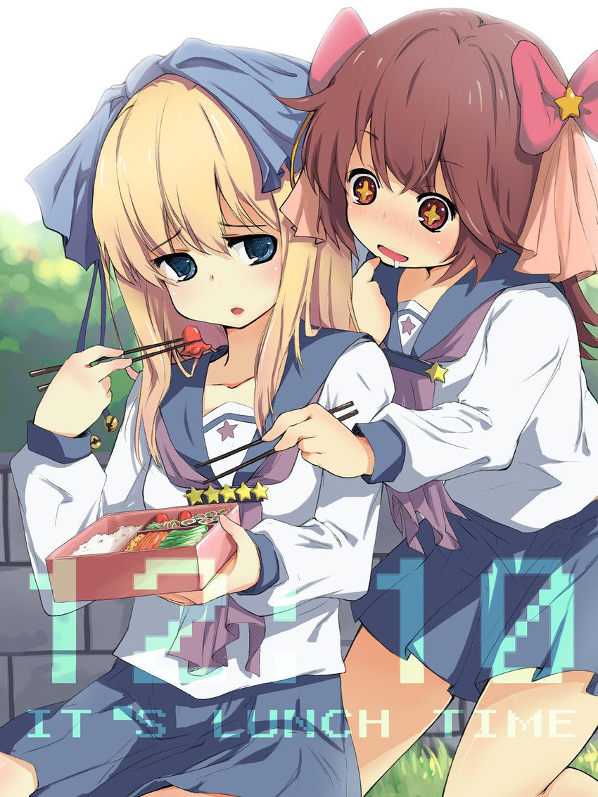 +_+ 2girls bento blonde_hair blue_eyes blush bow brown_eyes brown_hair chopsticks commentary_request drooling eating english_text highres long_hair multiple_girls original ribbon saliva school_uniform zhao_shuwen