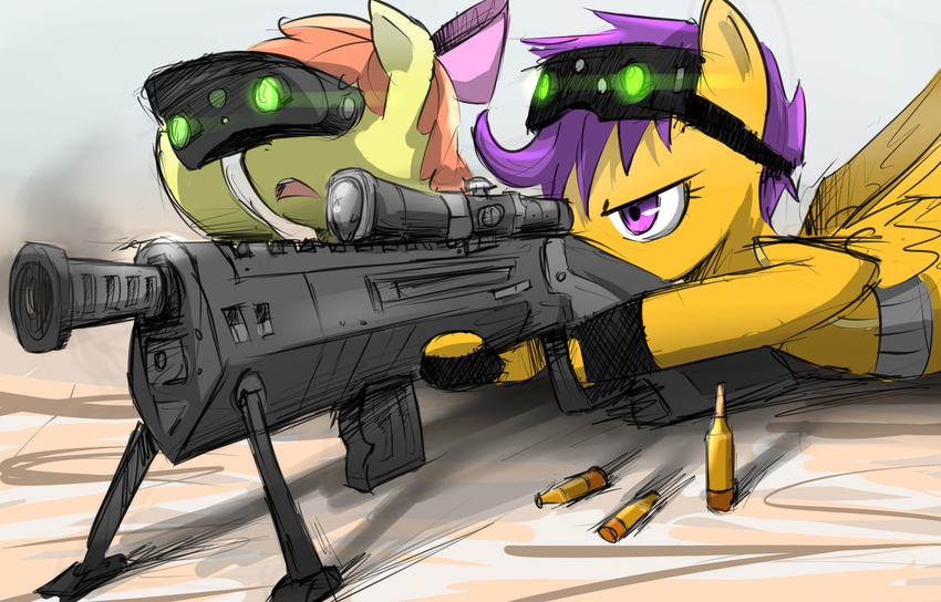 2012 ammunition apple_bloom_(mlp) binoculars duo earth_pony equid equine eyewear feathered_wings feathers female friendship_is_magic goggles gun hair hasbro hi_res horse mammal my_little_pony mythological_creature mythological_equine mythology orange_body orange_feathers pegasus pony purple_eyes ranged_weapon red_hair rifle scootaloo_(mlp) smoke sniper_rifle spent_casing stupidyou3 weapon wings young