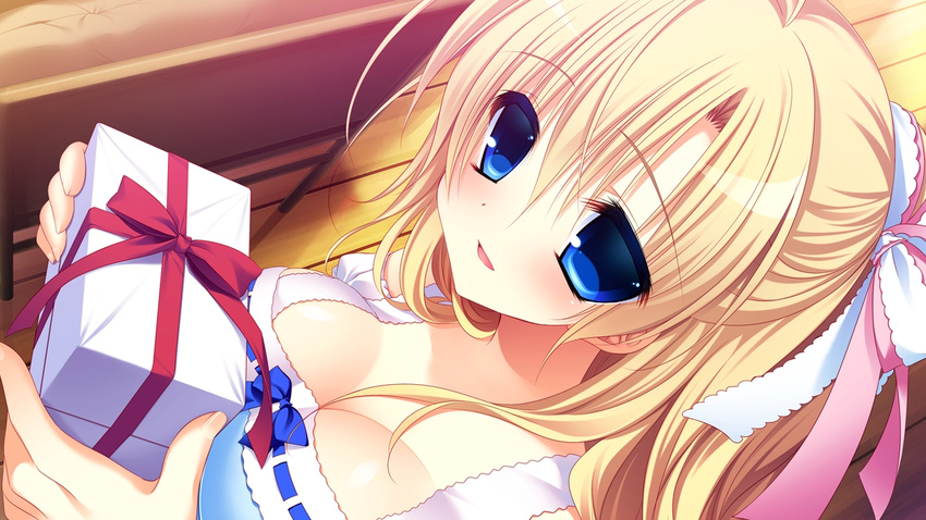 :d blonde_hair blue_eyes blush box breasts cleavage collarbone female game_cg gift gift_box hair_ribbon large_breasts long_hair looking_at_viewer looking_up mekami_suzu nanaka_mai open_mouth pure_girl ribbon smile solo tareme