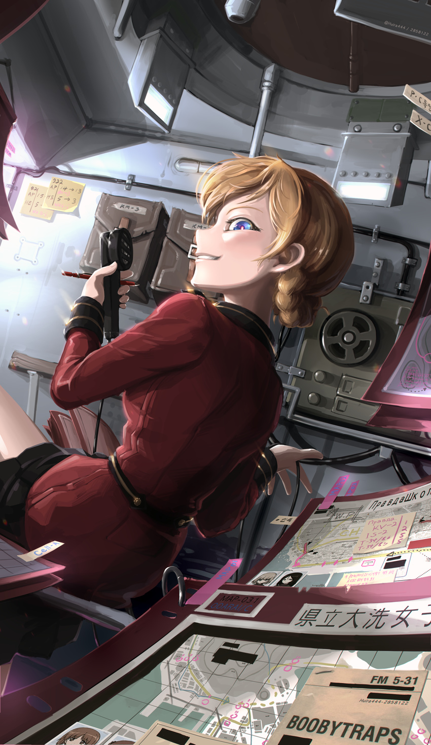 army_field_manual black_skirt blonde_hair blue_eyes braid commentary cyrillic darjeeling_(girls_und_panzer) denim dutch_angle english_text epaulettes female from_behind girls_und_panzer grin highres holding holding_radio huira444 jacket jeans katyusha_(girls_und_panzer) korean_commentary long_sleeves looking_at_viewer looking_back map military military_uniform miniskirt nishizumi_miho nonna_(girls_und_panzer) pants phone photo_(object) pleated_skirt radio red_jacket russian_text short_hair sitting skirt smile solo st._gloriana's_military_uniform sticky_note tank_interior tied_hair translated troll_face twin_braids twitter_username uniform