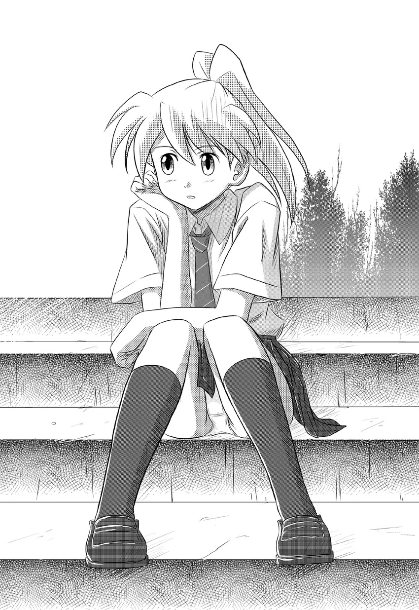 bored commentary_request female greyscale highres lielos monochrome necktie original panties pantyshot poniko_(lielos) school_uniform sitting sitting_on_stairs skirt socks solo stairs underwear upskirt