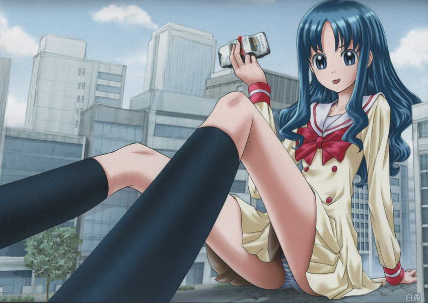 :p blue_eyes blue_hair car eichikei_(hakuto) female giant giantess heartcatch_precure! highres kurumi_erika motor_vehicle myoudou_gakuen_middle_school_uniform panties police_car precure school_uniform striped_clothes striped_panties tongue tongue_out tree underwear v-shaped_eyebrows