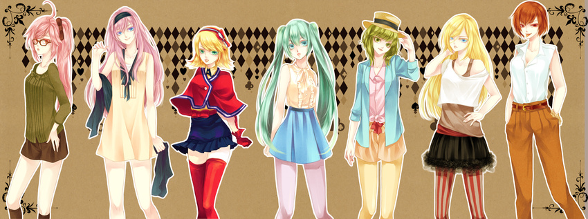 6+girls ahoge alternate_costume alternate_hairstyle bad_id bad_pixiv_id blonde_hair blue_eyes blue_hair brown_hair glasses green_eyes green_hair gumi hatsune_miku highres kagamine_rin lily_(vocaloid) long_hair megurine_luka meiko_(vocaloid) multiple_girls pantyhose photoshop_(medium) pink_hair ponytail red_eyes reika_(iamreika) sf-a2_miki short_hair skirt smile thighhighs twintails vocaloid