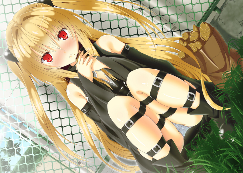 bad_id bad_pixiv_id blonde_hair detached_sleeves female food hair_ornament konjiki_no_yami long_hair mayuzumi_makiha panties red_eyes solo taiyaki thigh_strap to_love-ru underwear wagashi