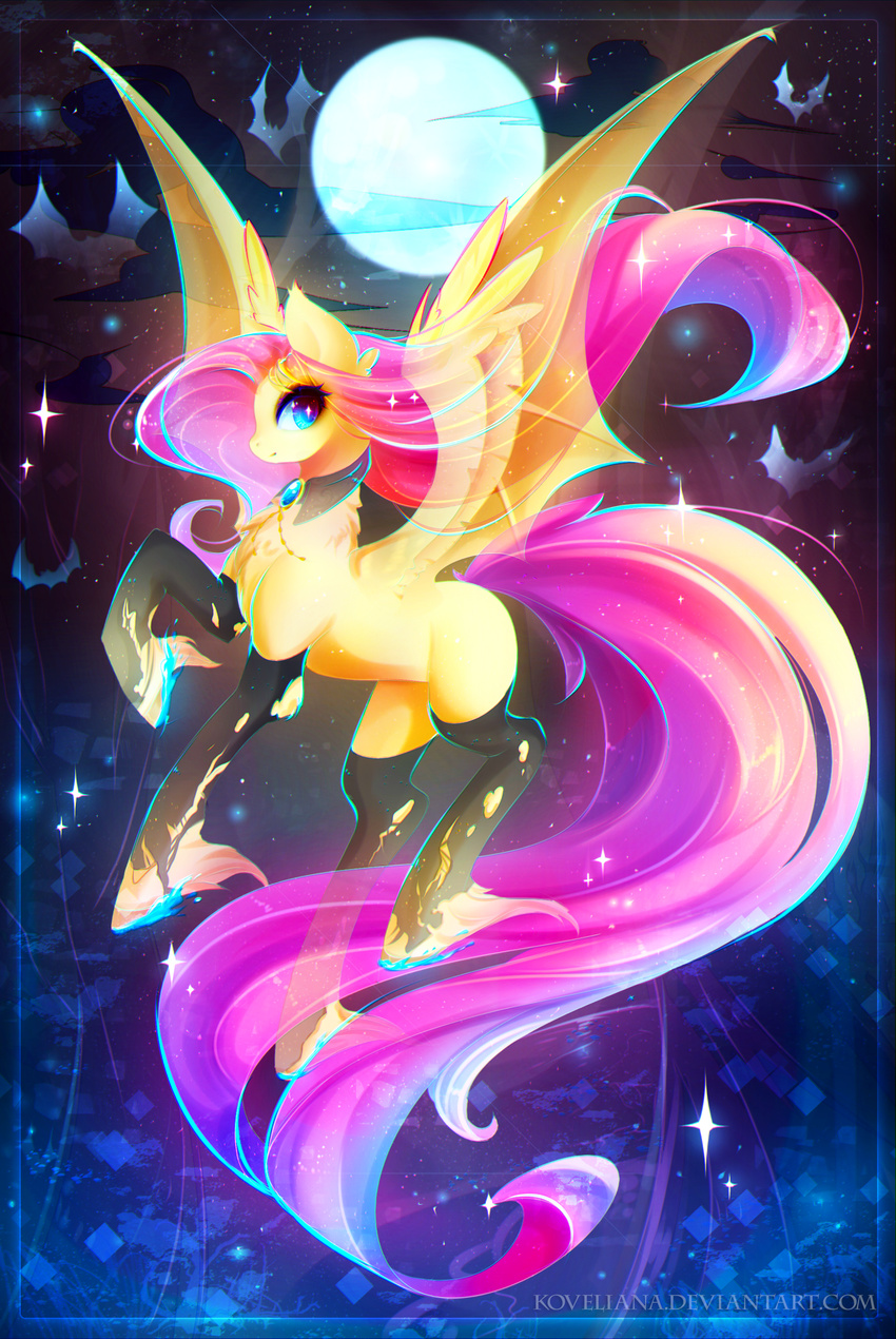 absurd_res alternative_fashion bat_pony bat_wings blue_eyes colorful_theme equid equine eyelashes female feral flutterbat_(mlp) fluttershy_(mlp) flying friendship_is_magic goth hair hasbro hi_res hooves hybrid iridescent iridescent_hair iridescent_mane iridescent_tail koveliana mammal membrane_(anatomy) membranous_wings moon my_little_pony mythological_creature mythological_equine mythology pegasus pink_hair solo wings