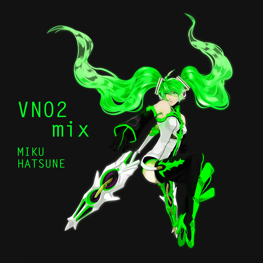 aged_up bad_id bad_pixiv_id detached_sleeves female gloves glowing green_eyes green_hair hatsune_miku headphones highres long_hair pochiharu simple_background solo thighhighs twintails very_long_hair vocaloid zettai_ryouiki