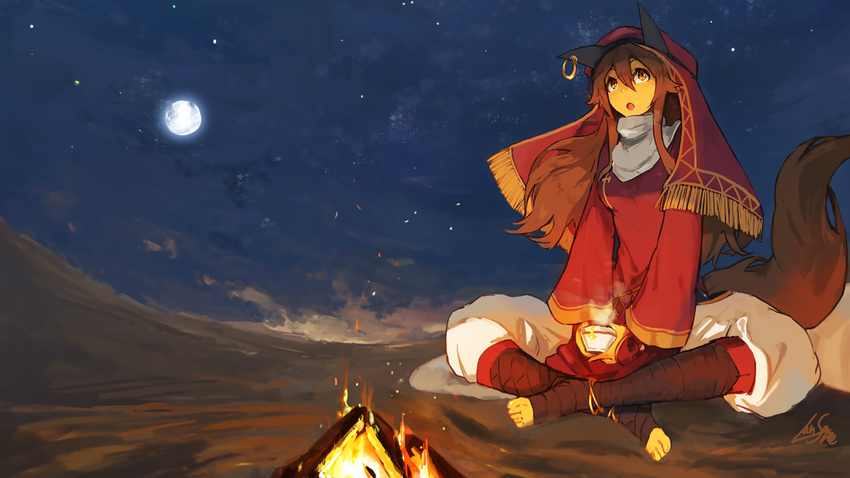 :o animal_ears barefoot brown_hair campfire commentary_request cup desert dress earrings fantasy female fire full_moon hair_between_eyes holding holding_cup jewelry lansane long_hair long_sleeves looking_up moon night night_sky original pants parted_lips puffy_pants red_dress red_eyes signature sky solo star_(sky) starry_sky tail toeless_legwear tsana_(lansane) turban white_pants