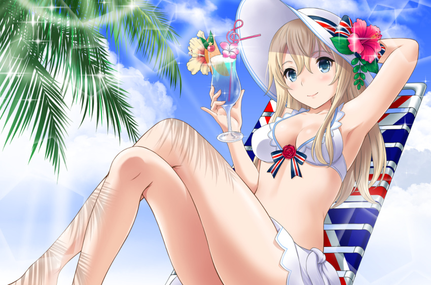 arm_up armpits bikini blue_eyes blue_sky blush bow breasts chair cleavage closed_mouth cloud cloudy_sky commentary_request crazy_straw crossed_legs cup day drink drinking_glass drinking_straw female flower hand_up hat hat_bow hat_flower head_tilt holding holding_cup kantai_collection light_brown_hair long_hair looking_at_viewer lounge_chair medium_breasts neko_danshaku outdoors pink_flower red_flower red_rose rose sitting sky smile solo sun_hat swimsuit treble_clef union_jack warspite_(kancolle) white_bikini white_hat