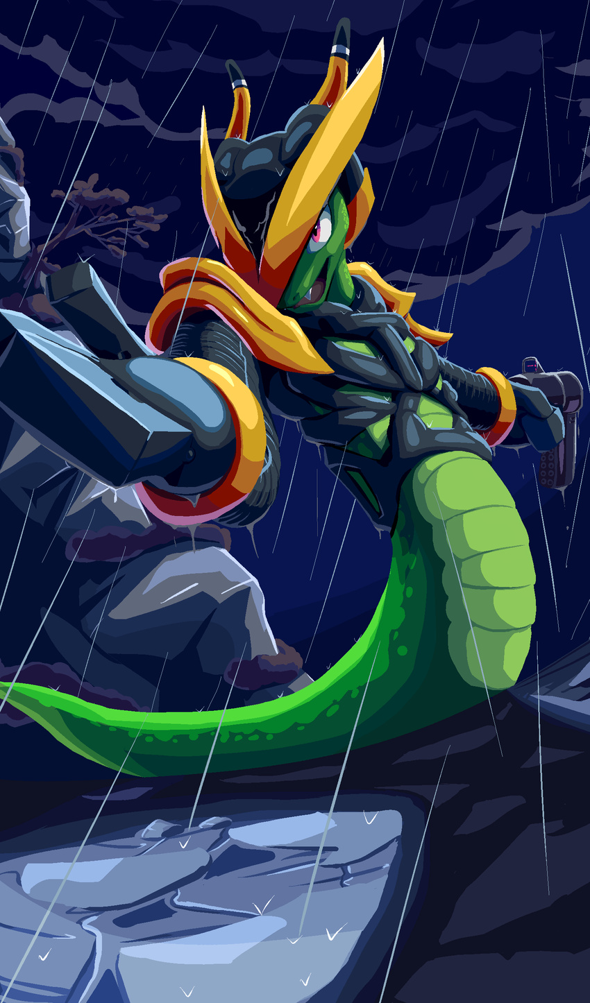 absurd_res anthro armor cel_shading cloud freedom_planet galaxytrail goshaag green_body green_scales green_skin hi_res male outside pink_eyes raining reptile scales scalie serpentine_(freedom_planet) shaded snake solo wet