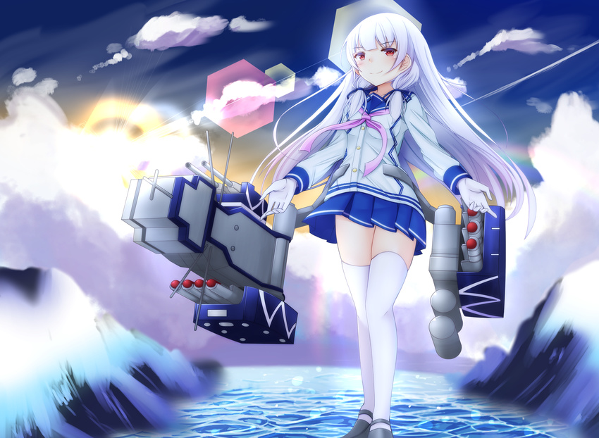 alternate_hair_color bad_id bad_pixiv_id doyachii female gloves hair_ribbon highres isokaze_(kancolle) kantai_collection kneehighs lens_flare long_hair red_eyes ribbon school_uniform serafuku single_thighhigh socks solo thighhighs tress_ribbon white_gloves white_hair white_legwear