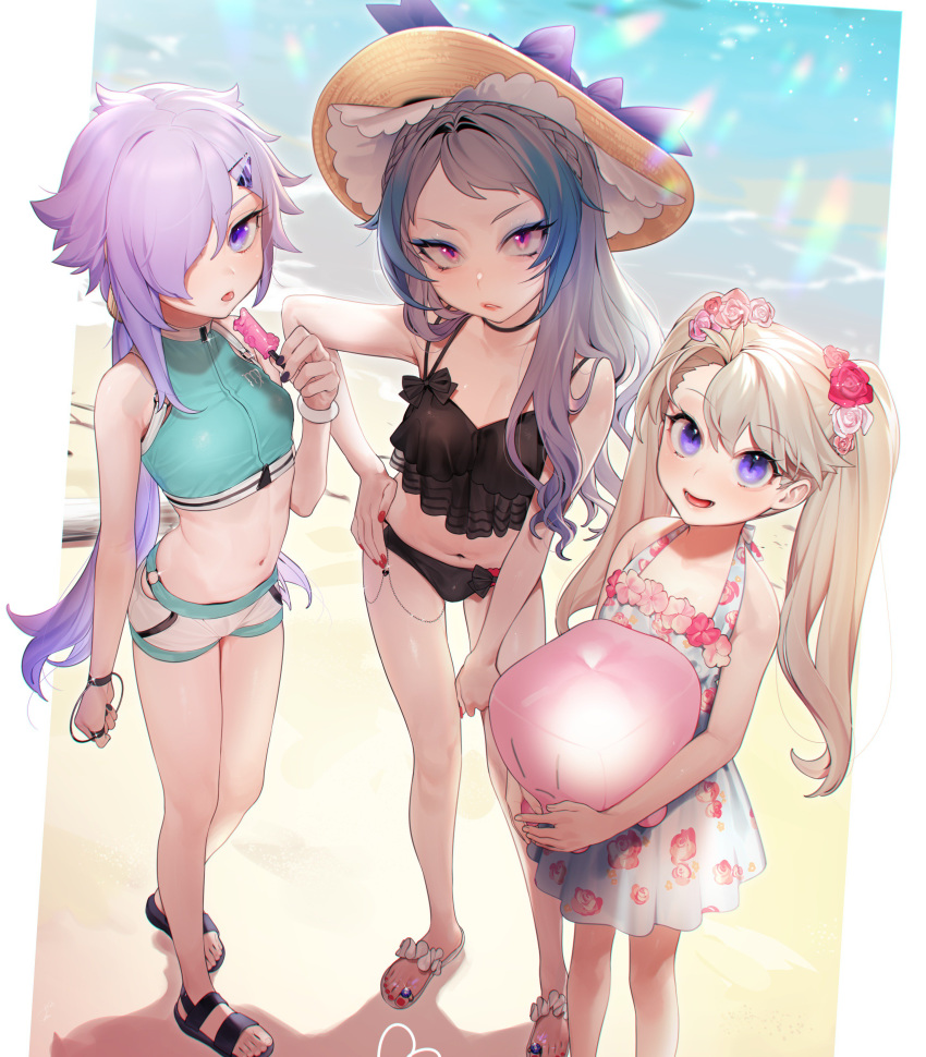 1boy 2girls absurdres bad_id bad_twitter_id beach bikini blonde_hair bracelet bulge commentary_request day die_(ohisashiburi) dress flower food hair_flower hair_ornament hair_over_one_eye hairclip hand_on_own_hip hat herme_(ohisashiburi) highres jewelry long_hair looking_at_viewer midriff multiple_girls nail_polish ohisashiburi original otoko_no_ko outdoors pink_eyes popsicle purple_eyes purple_hair purple_hair_girl_(ohisashiburi) sandals shorts standing sun_hat sundress swimsuit tankini twintails