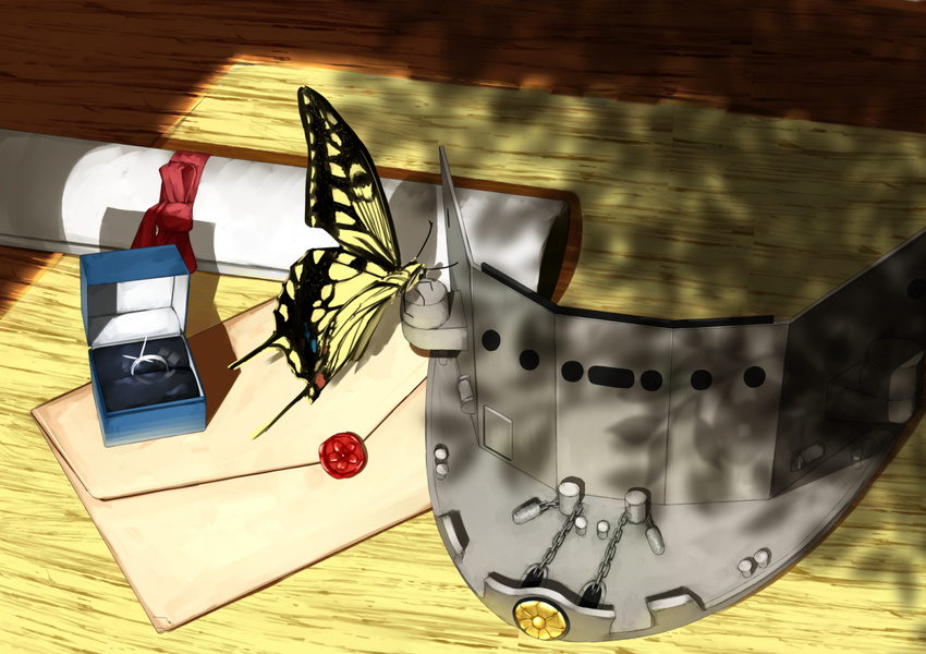 bench box bug butterfly commentary dappled_sunlight diploma jewelry kantai_collection letter nanao_(aoyamahikari) no_humans ribbon ring ryuujou_(kancolle) still_life sunlight swallowtail_butterfly tree_shade visor_cap wedding_ring