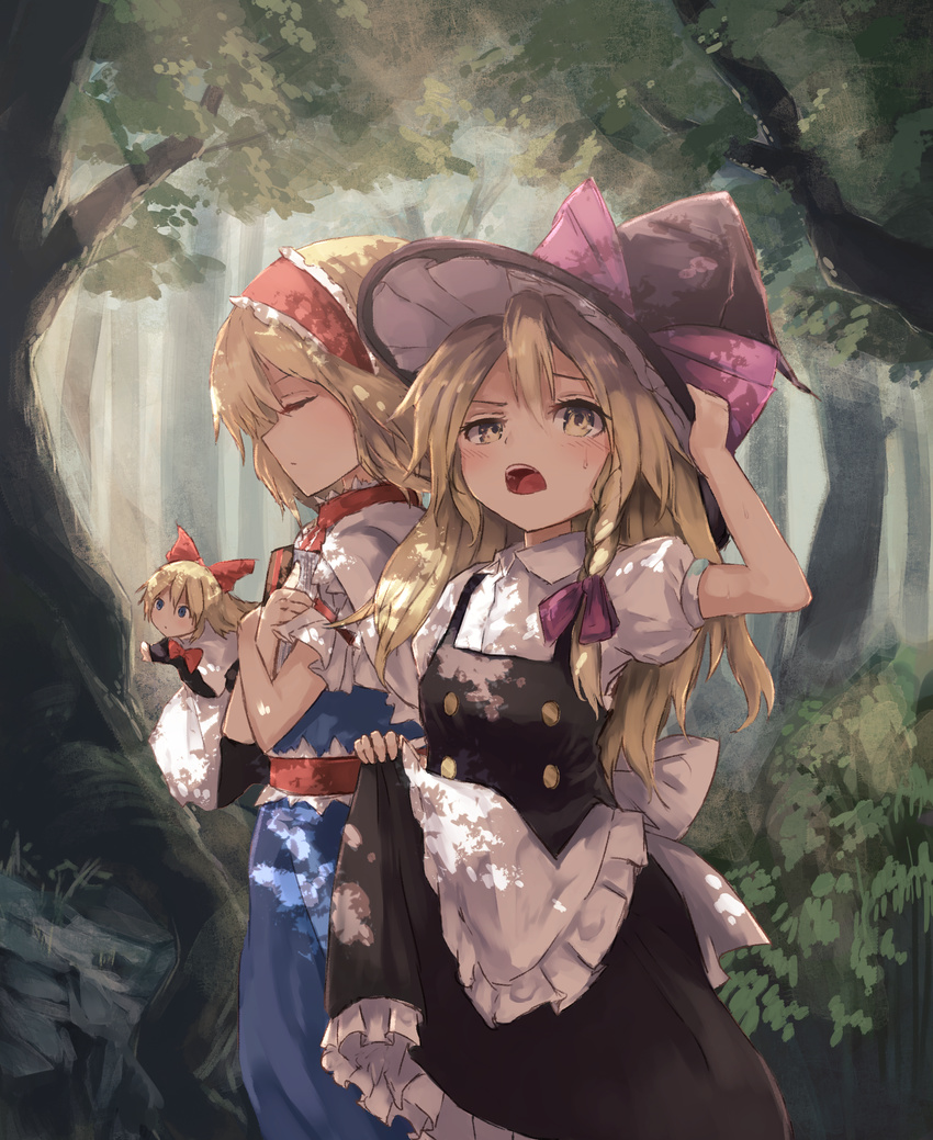 2girls alice_margatroid apron black_hat black_skirt black_vest blonde_hair blue_dress bow bowtie braid closed_eyes commentary dress forest hair_ribbon hairband hand_on_headwear hat highres hot kirisame_marisa light_rays lolita_hairband multiple_girls nature puffy_short_sleeves puffy_sleeves purple_ribbon red_bow red_bowtie ribbon shanghai_doll short_sleeves single_braid skirt sunbeam sunlight sweat thkani touhou tree tress_ribbon vest waist_apron witch_hat yellow_eyes