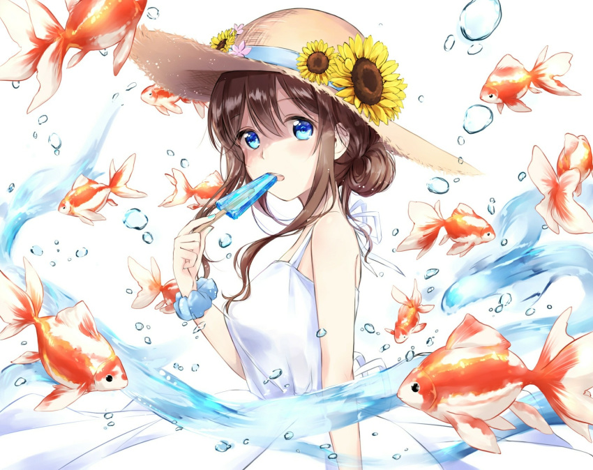 blue_eyes breasts brown_hair commentary_request dress eating female fish flower food from_side goldfish hair_bun hat hat_flower hat_ribbon highres holding long_hair looking_at_viewer looking_to_the_side medium_breasts open_mouth original popsicle ribbon scrunchie sena_tea29 single_hair_bun sleeveless sleeveless_dress solo straw_hat sundress sunflower teeth upper_body water water_drop white_dress wrist_scrunchie