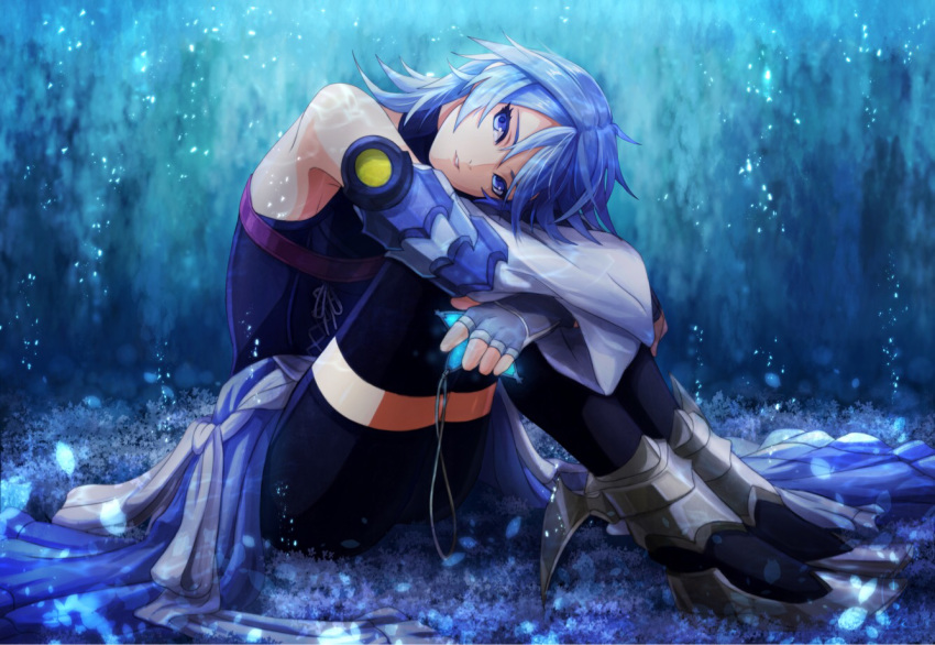 aqua_(kingdom_hearts) bare_shoulders black_thighhighs blue_eyes blue_hair commentary_request detached_sleeves female fingerless_gloves full_body gloves grey_gloves holding kingdom_hearts kingdom_hearts_birth_by_sleep legs_together long_sleeves medium_hair mike_(mike-neko-chip) sitting smile solo thighhighs turtleneck wide_sleeves zettai_ryouiki