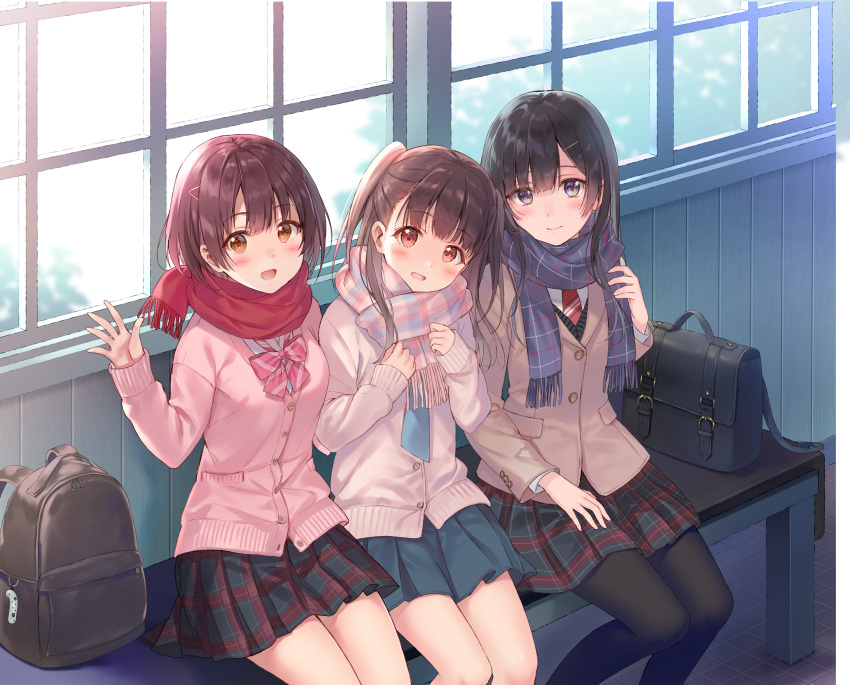 3: 3girls :d absurdres backpack bag bag_charm bench black_hair blue_scarf blue_skirt blush bow bowtie briefcase brown_eyes brown_hair cardigan charm_(object) commentary_request fukahire_(ruinon) girl_sandwich hair_ornament hairclip hand_on_lap hands_on_own_chest highres jacket loose_bowtie multiple_girls necktie open_mouth original outstretched_hand pantyhose pink_bow pink_bowtie pink_cardigan plaid plaid_scarf plaid_skirt red_necktie red_scarf sandwiched scarf school_briefcase school_uniform siblings sisters sitting skirt smile sorai_kanami sorai_mahiru_(fukahire) sorai_yuuka two_side_up unworn_backpack unworn_bag waving window