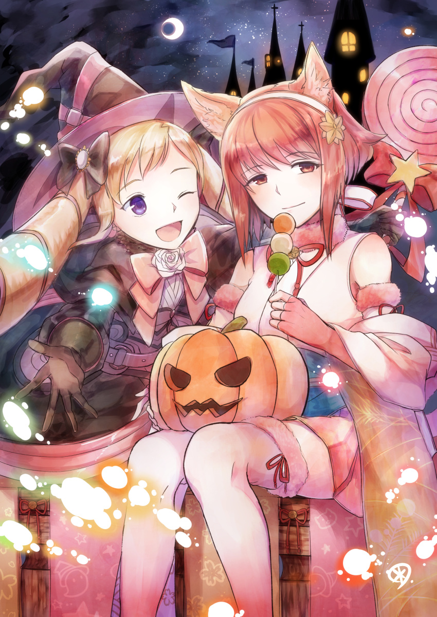 2girls animal_ears black_bow black_gloves blonde_hair bow cat_ears closed_mouth commentary_request dango dress elise_(fire_emblem) fake_animal_ears fingerless_gloves fire_emblem fire_emblem_fates fire_emblem_heroes food fur_trim gloves hair_ornament hairband hairbow hat highres jack-o'-lantern japanese_clothes long_hair long_sleeves moon multicolored_hair multiple_girls night night_sky one_eye_closed open_mouth pink_hair purple_eyes purple_hair sakura_(fire_emblem) sakura_(halloween)_(fire_emblem) short_hair sitting sky sleeveless star_(sky) tarayuki twintails wagashi witch_hat