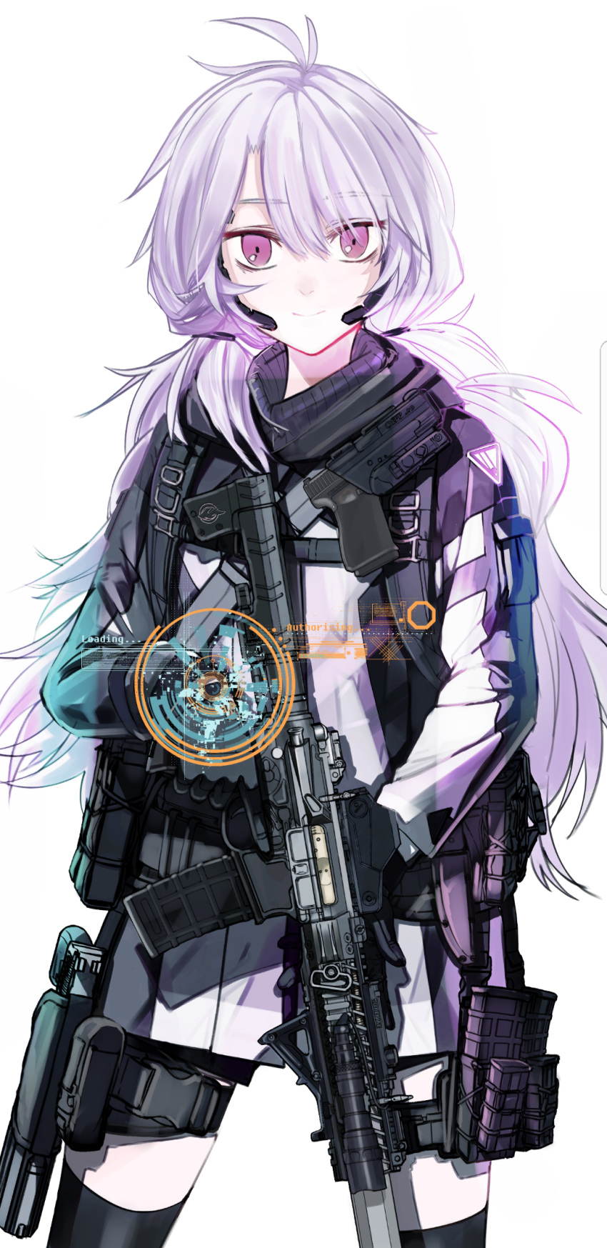 ahoge ar-15 assault_rifle black_thighhighs commentary female flashlight glock gun handgun highres holding holding_gun holding_weapon holster holstered load_bearing_equipment long_hair looking_at_viewer magazine_(weapon) military nurim original purple_eyes purple_hair rifle solo thigh_holster thighhighs trigger_discipline weapon white_background