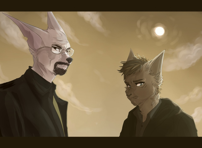 2017 alternate_species anthro black_nose breaking_bad clothed clothing cloud detailed_background digital_media_(artwork) digital_painting_(artwork) duo eyewear facial_hair fully_clothed fur furrification glasses hair jesse_pinkman letterbox looking_at_viewer male mammal nekoshit restricted_palette shaded sky sun walter_white