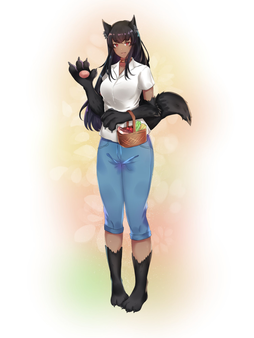 animal_ears animal_hands anubis_(monster_girl_encyclopedia) apple basket black_hair blue_pants blue_shorts breasts cheese claws collar collared_shirt commentary commission curvy denim denim_shorts english_commentary female food fruit full_body fur hand_up head_tilt highres jeans large_breasts lettuce long_hair looking_at_viewer minokyu monster_girl monster_girl_encyclopedia no_shoes pants parted_lips picnic_basket pigeon-toed pink_background raw_meat red_eyes shirt short_sleeves shorts smile solo standing tail waving white_shirt wolf_ears wolf_tail