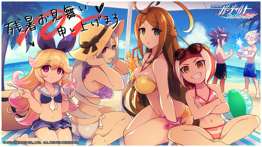 2boys 4girls antenna_hair ass azure_striker_gunvolt azure_striker_gunvolt_2 beach beach_towel bikini blonde_hair breasts brown_eyes brown_hair closed_eyes crossed_arms cup day drinking_glass drinking_straw elise_(gunvolt) eyewear_on_head food frilled_bikini frills gibril_(gunvolt) green_eyes hat hatakeyama_yoshitaka highres indian_style large_breasts looking_at_viewer male_swimwear multicolored_hair multiple_boys multiple_girls mysterious_girl_(gunvolt) nike_(gunvolt) ocean official_art official_wallpaper outdoors palm_tree pink_eyes purple_eyes sailor_bikini sailor_collar shaved_ice shiden_(gunvolt) side-tie_bikini_bottom silver_hair sitting spiked_hair streaked_hair striped_bikini striped_clothes summer sun_hat sunglasses sweatdrop swim_trunks swimsuit tenjian_(gunvolt) towel tree umbrella watermark yokozuwari