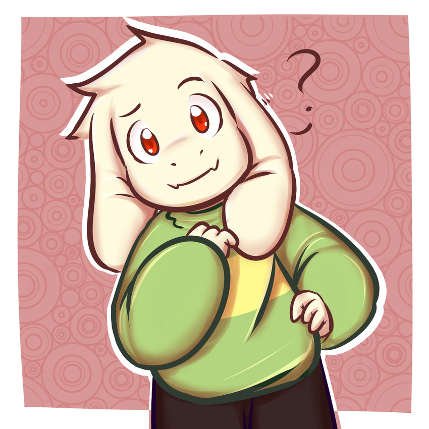 1:1 abstract_background anthro asriel_dreemurr azenzeph border boss_monster_(undertale) bovid caprine clothed clothing digital_media_(artwork) fangs fully_clothed fur hi_res lolicon long_ears looking_at_viewer male mammal question_mark red_eyes simple_background solo stripes teeth undertale undertale_(series) white_body white_border white_fur young young_anthro