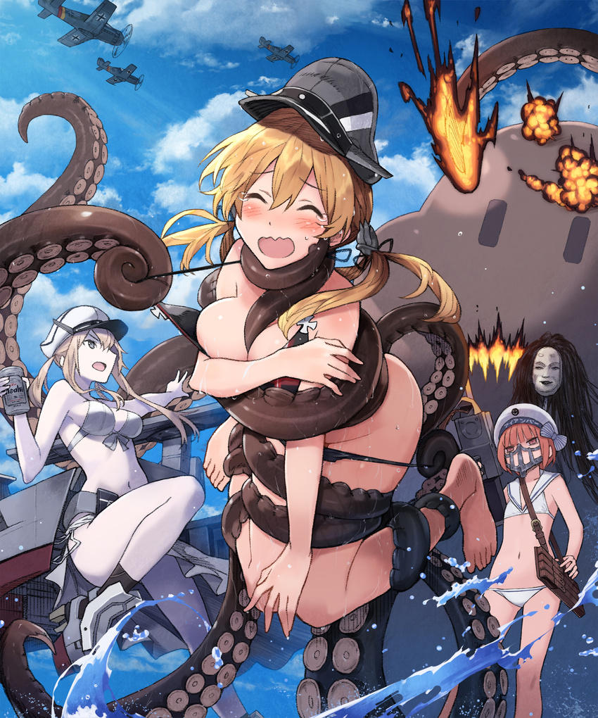 3girls aircraft airplane alcohol anchor_hair_ornament asahi_breweries barefoot beer beer_can beret bikini bikini_pull black_bikini black_ribbon blonde_hair blue_sky blush breasts brown_eyes can cleavage closed_eyes clothes_pull cloud collarbone commentary_request day drink_can ezusuke graf_zeppelin_(kancolle) grey_eyes hair_between_eyes hair_ornament hat highres kantai_collection knees_together_feet_apart large_breasts long_hair low_twintails machinery mad_max mad_max:_fury_road mask military_hat monster multiple_girls navel octopus open_mouth outdoors peaked_cap photoshop_(medium) prinz_eugen_(kancolle) restrained ribbon sailor_bikini sailor_collar sailor_hat sarong short_hair sidelocks sky swimsuit tears tentacle tsurime twintails water white_bikini white_hat z3_max_schultz_(kancolle) z3_max_schultz_(swimsuit_mode)_(kancolle)