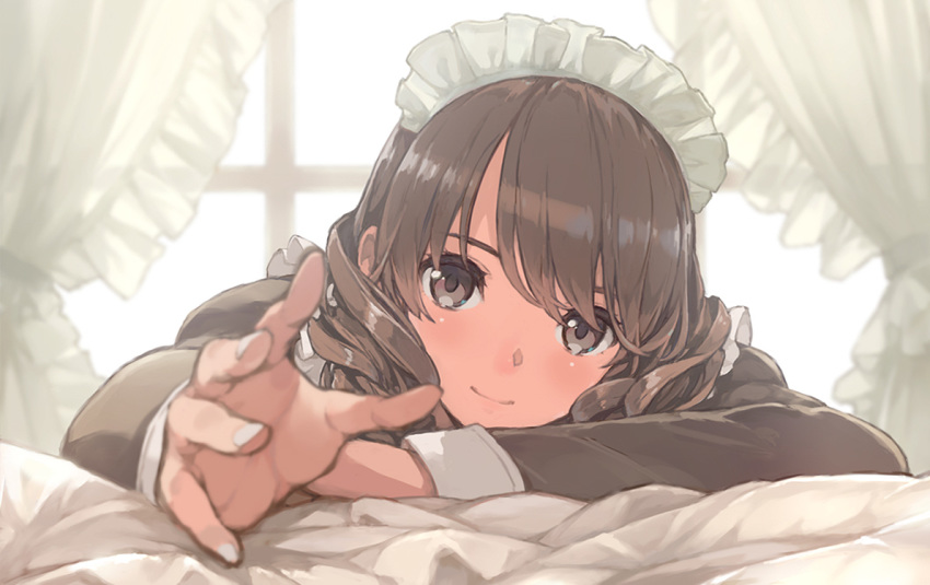 arm_support backlighting bed_sheet blurry blush brown_eyes brown_hair closed_mouth commentary depth_of_field female fingernails head_tilt indoors long_hair long_sleeves maid maid_headdress morisawa_haruyuki nail_polish original outstretched_hand reaching reaching_towards_viewer smile solo upper_body white_nails window