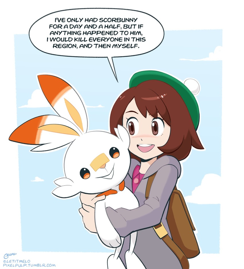 blush brooklyn_nine-nine brown_eyes brown_hair cardigan english_text female gloria_(pokemon) green_hat grey_cardigan hat highres hug i've_only_had_arlo_for_a_day_and_a_half_(meme) letitmelo long_sleeves meme open_mouth pokemon pokemon_(creature) pokemon_swsh rabbit round_teeth scorbunny short_hair simple_background smile tam_o'_shanter teeth tongue upper_teeth_only white_background