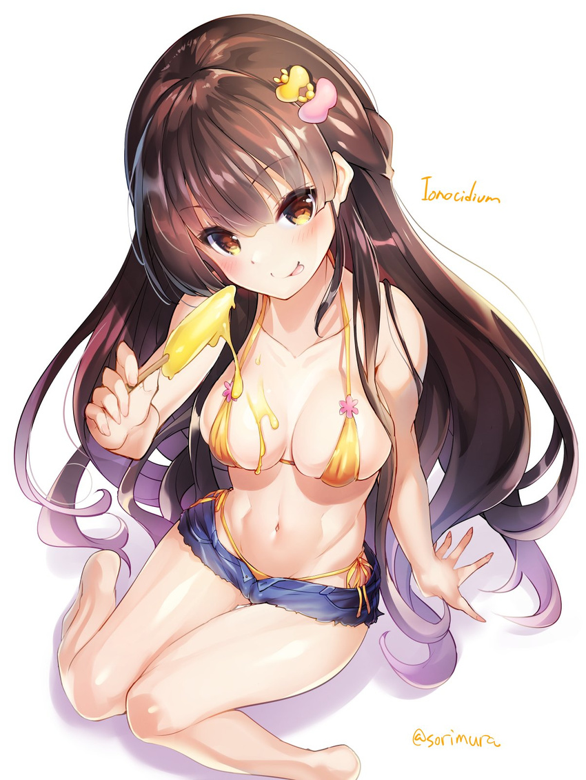 bare_arms bare_legs bare_shoulders barefoot bikini blush breasts brown_eyes brown_hair character_name cleavage collarbone commentary_request cutoffs female flower_knight_girl food hair_ornament hairpin halterneck highres holding holding_food ionocidium_(flower_knight_girl) long_hair looking_at_viewer medium_breasts messy navel popsicle short_shorts shorts side-tie_bikini_bottom simple_background sitting smile solo sorimura_youji string_bikini swimsuit tongue tongue_out twitter_username very_long_hair white_background yellow_bikini