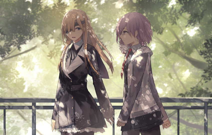 2girls black_ribbon brown_hair collared_shirt commentary eyepatch fate/grand_order fate_(series) fou_(fate) glasses guard_rail hair_over_one_eye highres long_hair long_sleeves looking_at_another mash_kyrielight multiple_girls necktie on_shoulder open_mouth ophelia_phamrsolone outdoors purple_eyes purple_hair red_necktie ribbon shadow shirt short_hair sleeves_past_wrists smile thkani tree