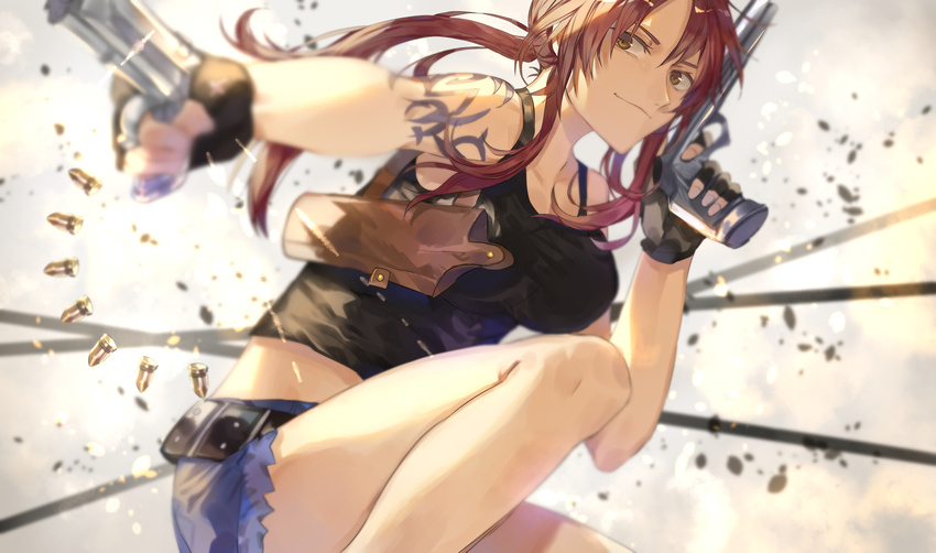 absurdres black_lagoon blurry breasts brown_eyes brown_hair bullet closed_mouth commentary_request crop_top denim denim_shorts depth_of_field dual_wielding female grin gun handgun highres holding holding_gun holding_weapon holster long_hair looking_at_viewer medium_breasts on_one_knee ponytail revy_(black_lagoon) short_shorts shorts shoulder_tattoo sidelocks smile solo tank_top tattoo tsugutoku weapon