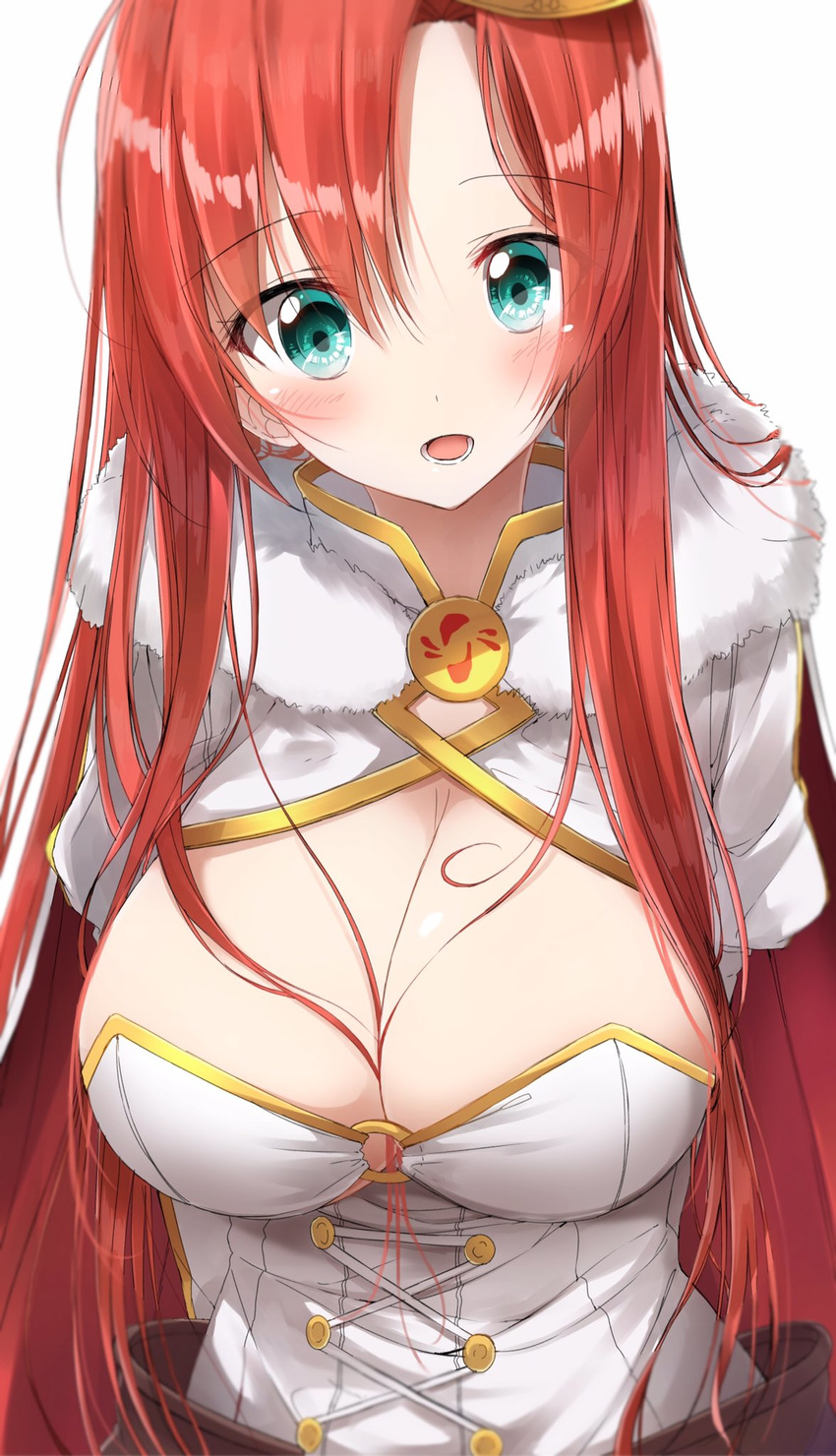 alternate_hair_length alternate_hairstyle blush boudica_(fate) boudica_(third_ascension)_(fate) breasts cleavage commentary_request fate/grand_order fate_(series) female green_eyes hair_between_breasts highres juliet_sleeves large_breasts long_hair long_sleeves looking_at_viewer open_mouth pentagon_(railgun_ky1206) puffy_sleeves red_hair shrug_(clothing) simple_background smile solo