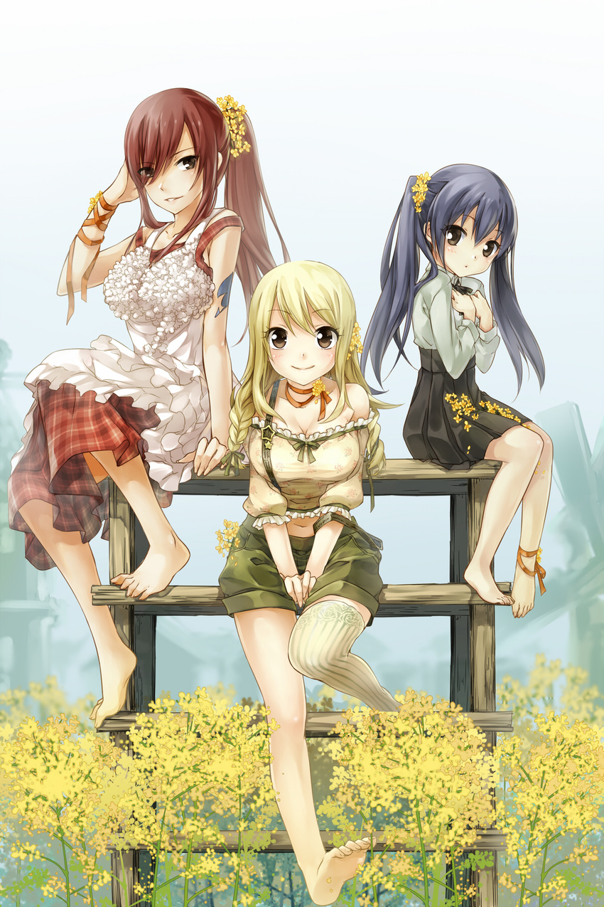 3girls ankle_ribbon apron barefoot blonde_hair blue_hair braid breasts brown_eyes choker cleavage commentary_request dress erza_scarlet fairy_tail feet flower frills hair_flower hair_ornament highres large_breasts leg_ribbon long_hair looking_at_viewer lucy_heartfilia midriff multiple_girls plaid plaid_dress ponytail red_hair ribbon ribbon_choker shorts single_strap single_thighhigh sitting skirt smile strib_und_werde striped_clothes striped_thighhighs tattoo thighhighs toes twintails vertical-striped_clothes vertical-striped_thighhighs wendy_marvell wrist_ribbon