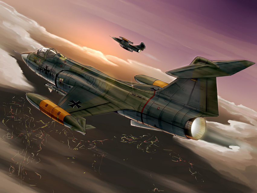 afterburner aircraft airplane cloud commentary_request cross f-104_starfighter iron_cross lens_flare missile no_humans photoshop_(medium) sunset suzushiro_(gripen39) vehicle_focus