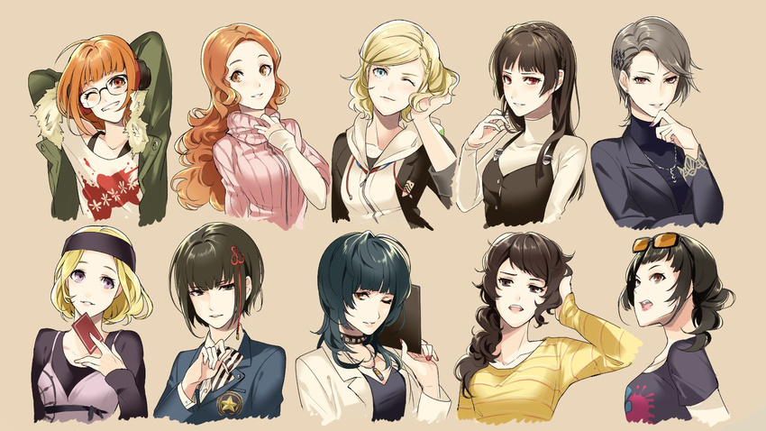 6+girls alternate_hair_length alternate_hairstyle bad_id bad_twitter_id behind-the-head_headphones black_hair black_vest blonde_hair blush braid commentary crown_braid english_commentary fur-trimmed_jacket fur_trim glasses green_jacket hair_focus halterneck headphones highres jacket kawakami_sadayo kosei_high_school_uniform long_hair looking_at_viewer mifune_chihaya minami_kazuki_(hanbee) multiple_girls niijima_makoto niijima_sae ohya_ichiko okumura_haru orange_hair persona persona_5 red_eyes sakura_futaba school_uniform short_hair shuujin_academy_school_uniform siblings simple_background sisters smile takamaki_anne takemi_tae tougou_hifumi vest