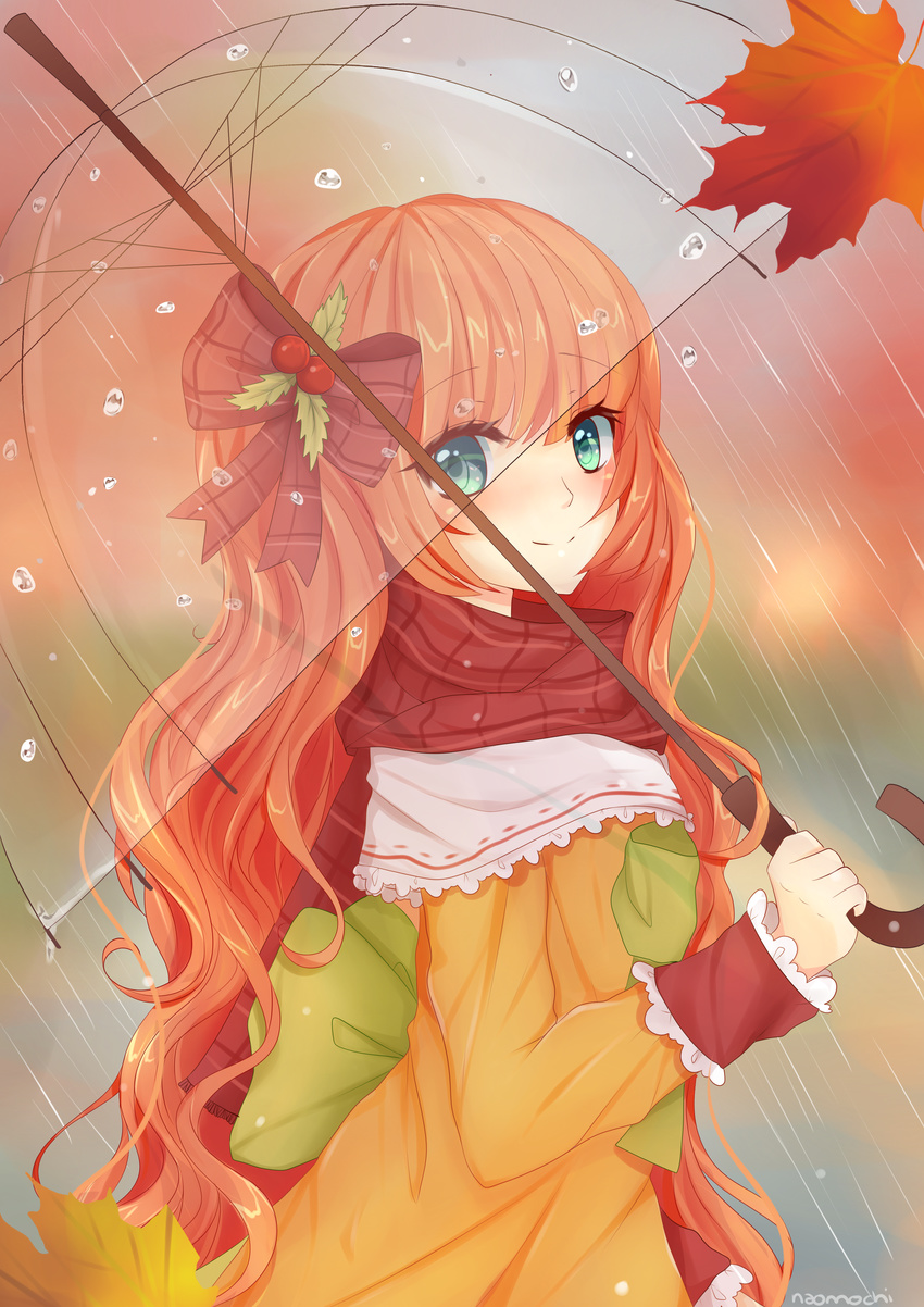 absurdres artist_name autumn autumn_leaves bad_deviantart_id bad_id borrowed_character bow commentary female green_eyes hairbow highres leaf looking_at_viewer maple_leaf naomochii orange_hair original rain see-through smile solo umbrella water_drop wrist_cuffs