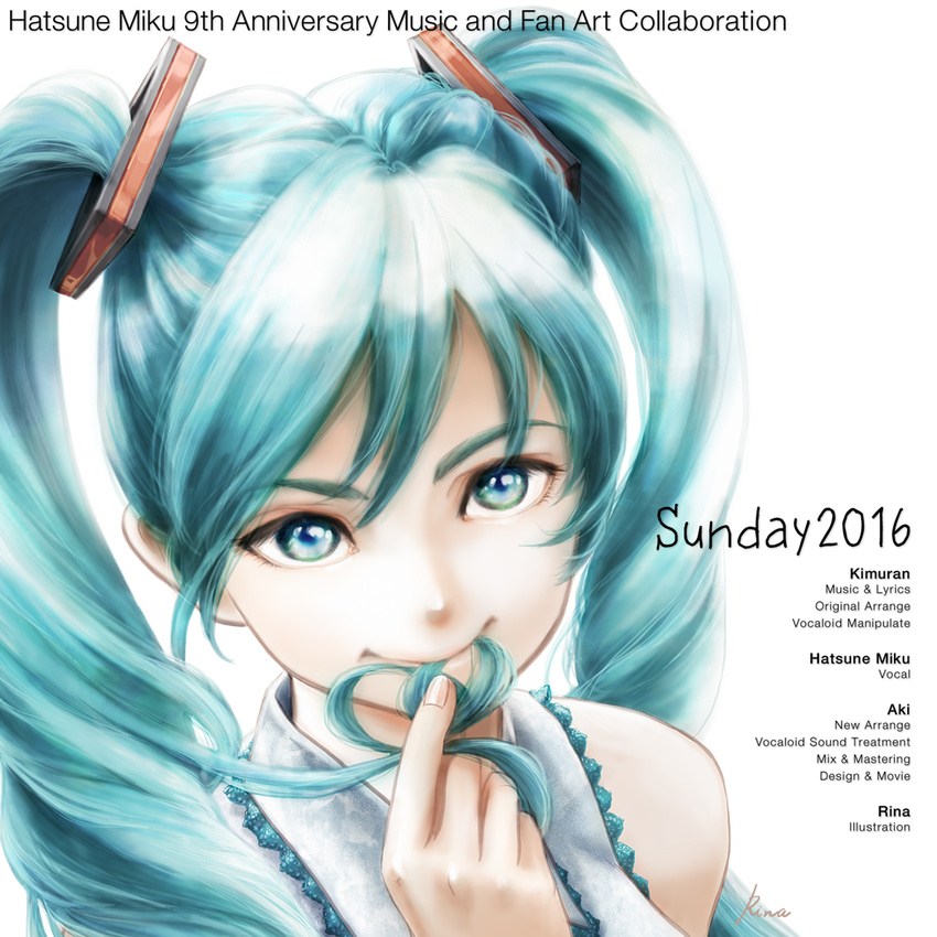 anniversary aqua_eyes aqua_hair artist_name backlighting bad_id bad_pixiv_id closed_mouth commentary_request credits female hair_in_own_mouth hatsune_miku highres long_hair portrait signature smile solo twintails uirina vocaloid