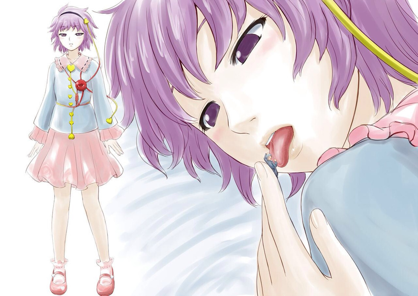 1boy eyeball female giant giantess hairband heart komeiji_satori manzi purple_hair short_hair third_eye tongue touhou