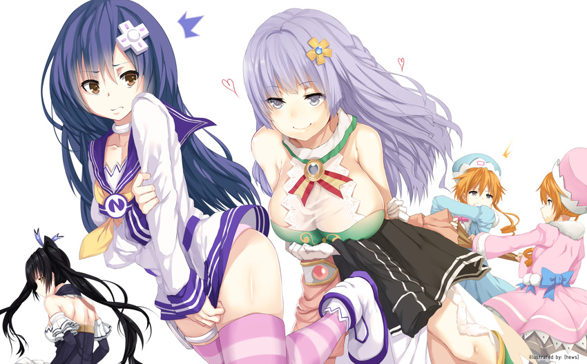 1boy 4girls ^^^ arm_grab artist_name bare_shoulders black_hair blush boots bow breasts brown_eyes choujigen_game_neptune_mk2 cleavage clenched_teeth collar collarbone commentary commission cosplay covering_crotch covering_privates creator_connection crossdressing curly_hair d-pad date_a_live dress english_text hair_ornament hair_ribbon hat heart hews itsuka_shidou itsuka_shiori izayoi_miku large_breasts long_hair looking_at_another medium_breasts multiple_girls neckerchief nepgear nepgear_(cosplay) neptune_(series) noire_(neptunia) noire_(neptunia)_(cosplay) otoko_no_ko profile purple_eyes purple_hair ram_(neptunia) ram_(neptunia)_(cosplay) ribbon rom_(neptunia) rom_(neptunia)_(cosplay) sailor_collar simple_background sleeves_past_wrists smile striped_clothes striped_thighhighs teeth thighhighs tokisaki_kurumi trait_connection twintails vert_(neptunia) vert_(neptunia)_(cosplay) white_background yamai_kaguya yamai_yuzuru