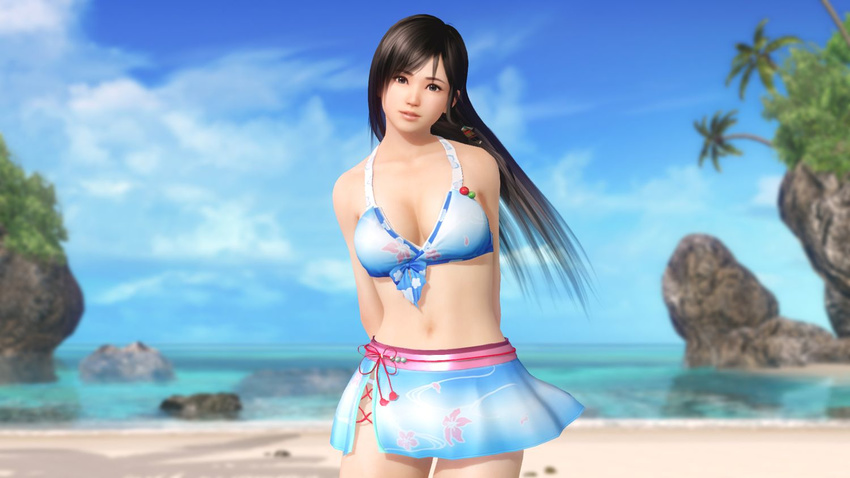 3d bikini black_hair blue_eyes breasts cleavage dead_or_alive dead_or_alive_extreme:_venus_vacation female kokoro_(doa) long_hair navel official_art swimsuit