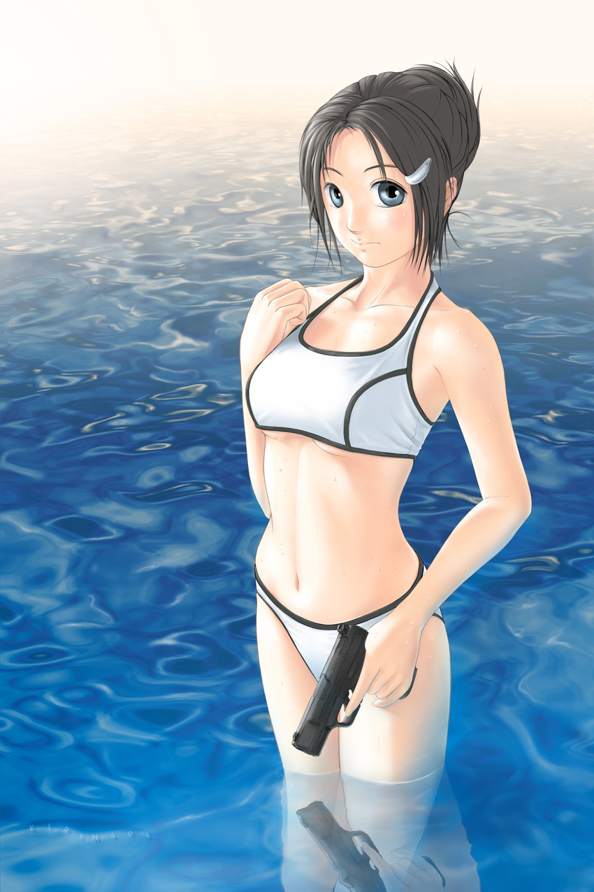 bikini black_hair blue_eyes breasts commentary_request female gun hair_ornament handgun highres kirin404 medium_breasts original reflection short_hair solo sports_bikini swimsuit trigger_discipline underboob wading walther walther_p99 water weapon white_bikini