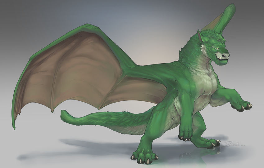 2016 avoid_posting claws digital_media_(artwork) disney dragon ears_back elliot_(pete's_dragon) explicital feral fur furred_dragon furred_scalie gradient_background green_body green_eyes green_fur hi_res long_tail male membrane_(anatomy) membranous_wings multicolored_body multicolored_fur mythological_creature mythological_scalie mythology on_hind_legs pete's_dragon pete's_dragon_(2016) pivoted_ears reflection scalie signature simple_background solo tail tan_body tan_fur tusks two_tone_body two_tone_fur wings