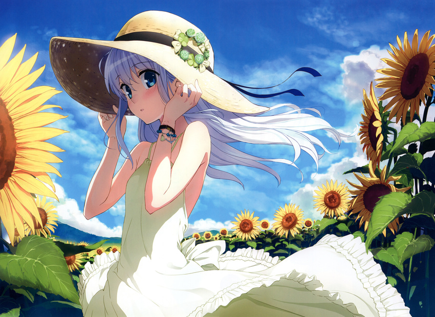 absurdres bare_shoulders blue_eyes blue_hair blush bracelet breasts cloud day dress female flower from_side hand_on_headwear hat head_tilt hibiki_(kancolle) highres honjou_masato jewelry kantai_collection long_hair looking_at_viewer outdoors parted_lips scan sky sleeveless sleeveless_dress small_breasts solo straw_hat sun_hat sundress sunflower white_dress wind