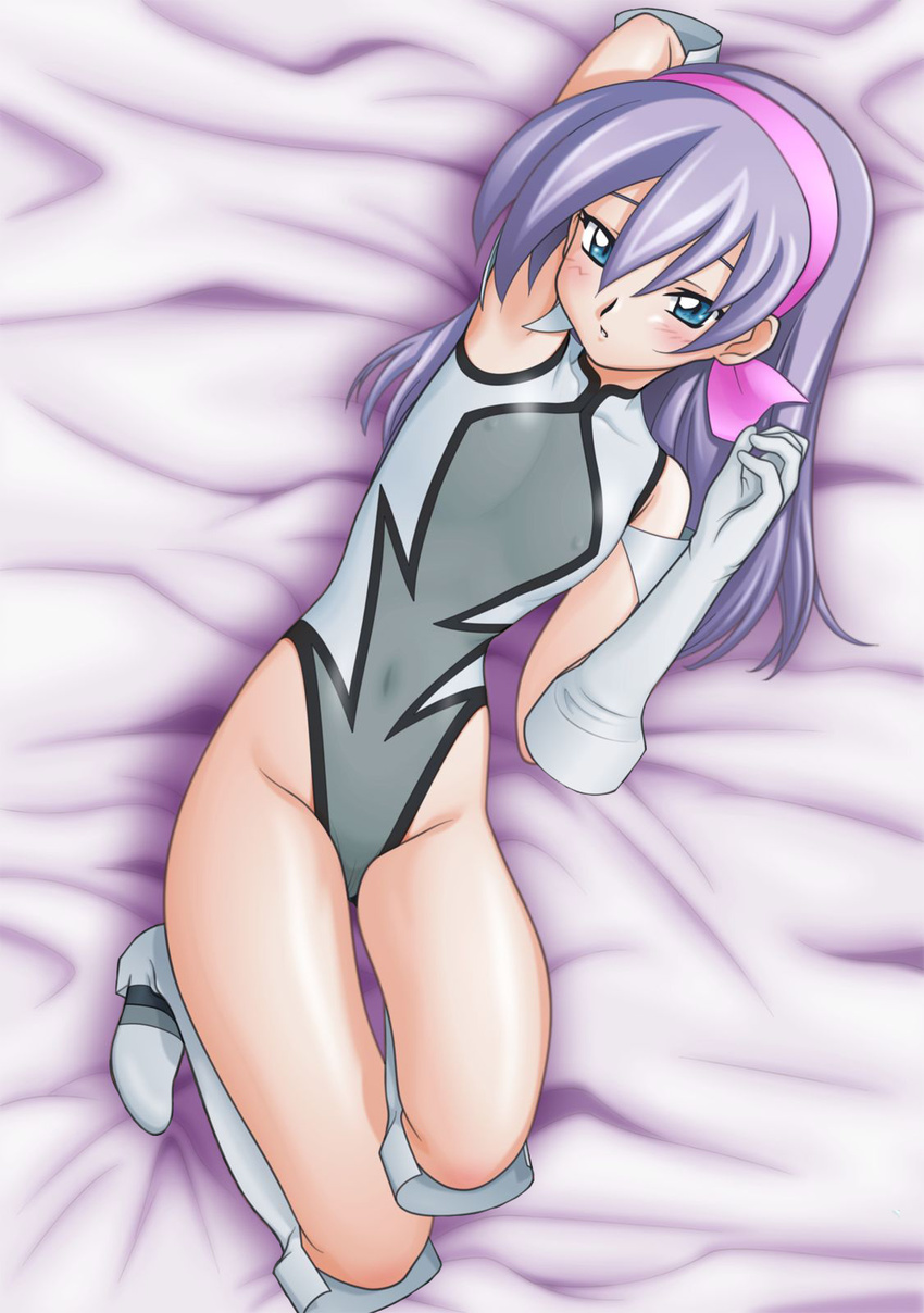 bed boots breasts female game_cg hairband lavender_hair leotard long_hair looking_at_viewer lou_roux lying nipples purple_hair shinkon_gattai_godannar!! ta152_(graf_zeppelin)