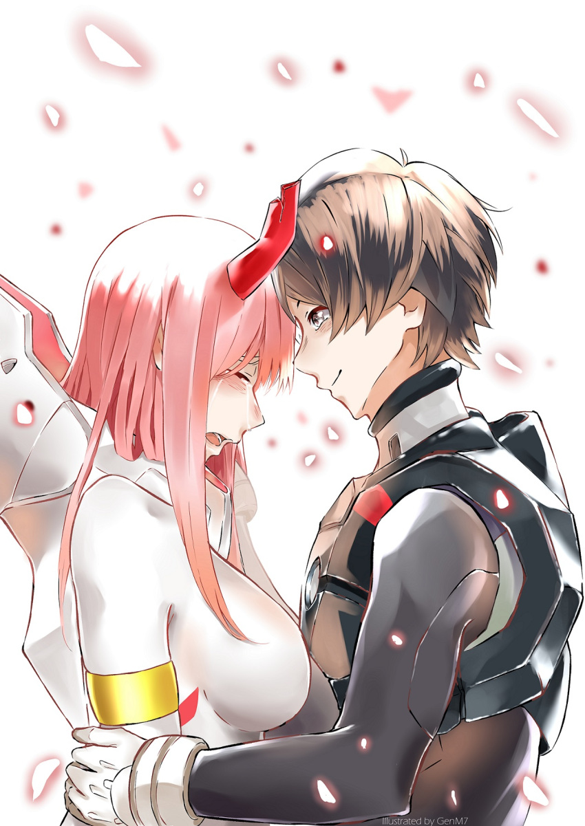 1boy asymmetrical_horns bangs black_bodysuit black_hair bodysuit breasts closed_eyes commentary couple crying darling_in_the_franxx female forehead-to-forehead genm7 gloves highres hiro_(darling_in_the_franxx) horn large_breasts long_hair looking_at_another oni_horn pilot_suit pink_hair red_horns short_hair straight white_bodysuit white_gloves zero_two_(darling_in_the_franxx)