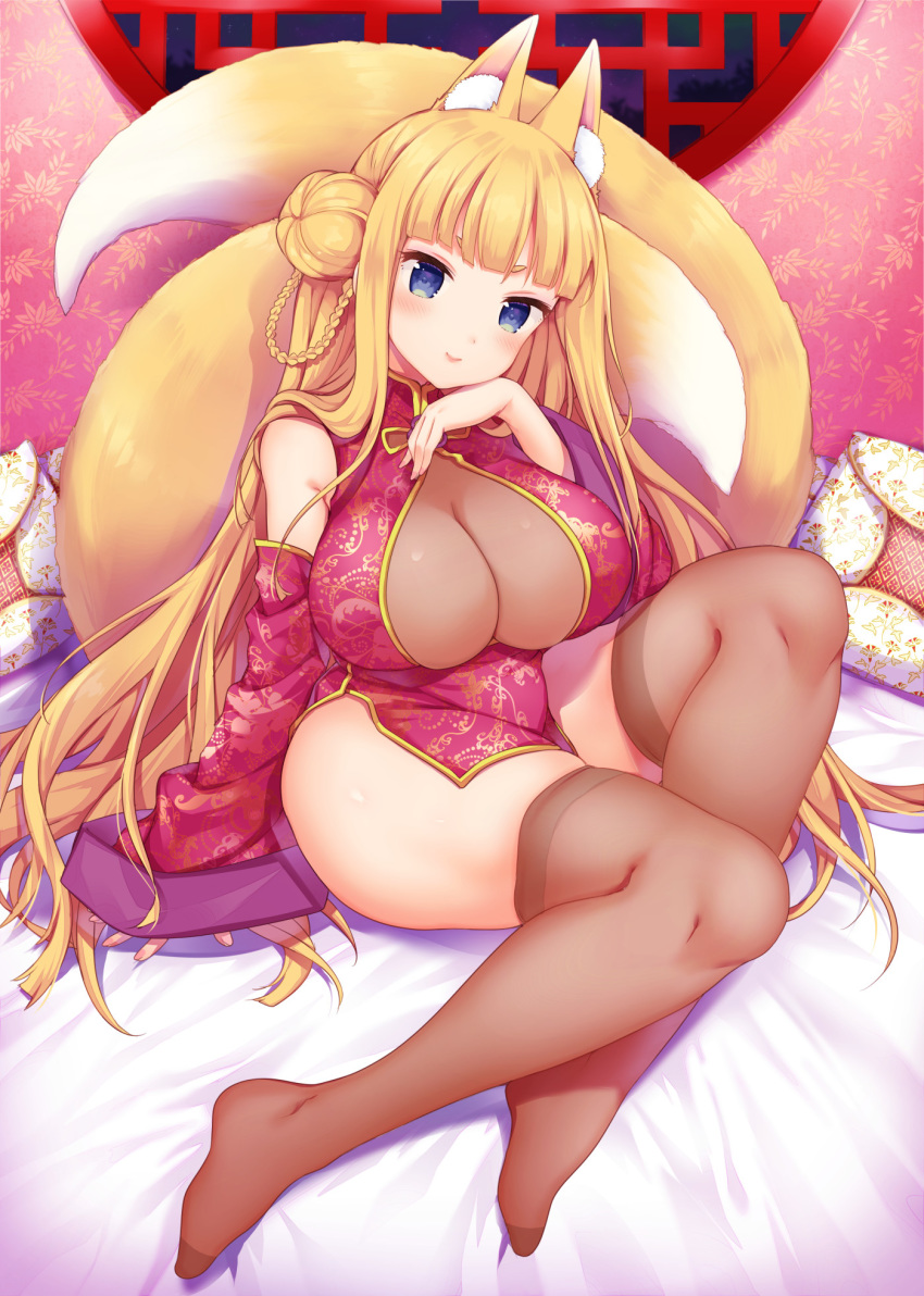 animal_ear_fluff animal_ears blonde_hair blue_eyes blunt_bangs braid breasts brown_thighhighs china_dress chinese_clothes cleavage closed_mouth commentary_request detached_sleeves dress female fox_ears fox_tail full_body hair_bun highres indoors large_breasts lattice lips long_hair long_sleeves looking_at_viewer miyano_ururu multiple_tails nail_polish night night_sky no_shoes on_bed original pillow pink_nails red_dress revision round_window short_eyebrows single_braid single_hair_bun sitting sky smile solo tail thighhighs two_tails very_long_hair wide_sleeves window